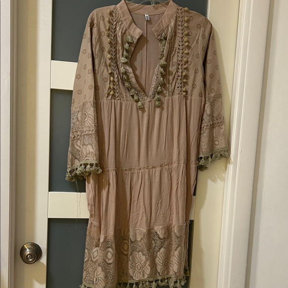 MISSLOOK Dresses & Skirts - MISSLOOK Taupe Midi Dress with Tassel Trim